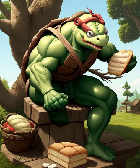 And Michaelangelo \(ninja turtle\) sat on the bread and spread upon it the churned milk of the (grandmother tree)