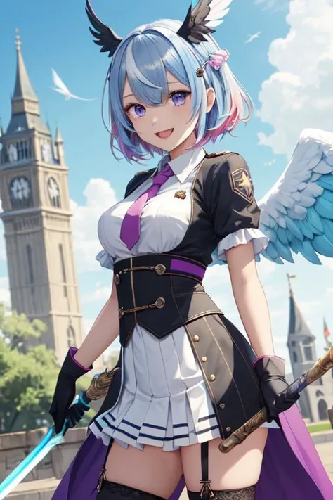 amane kanata, 1girl, angel wings, star halo, solo, angel, feathered wings, wings, virtual youtuber, polearm, gloves, thighhighs, blue thighhighs, multicolored hair, weapon, halo, holding, smile, blue hair, purple eyes, castle, white wings, holding polearm, skirt, feathers, blue skirt, streaked hair, short hair, holding weapon, spear, grey hair, open mouth, bangs, colored inner hair, black gloves, looking at viewer, :d, hair ornament, frills, pink hair, outdoors, pleated skirt, sky, hair over one eye, cloud, single hair intake, shirt, day, tower, frilled skirt, (masterpiece,best quality)