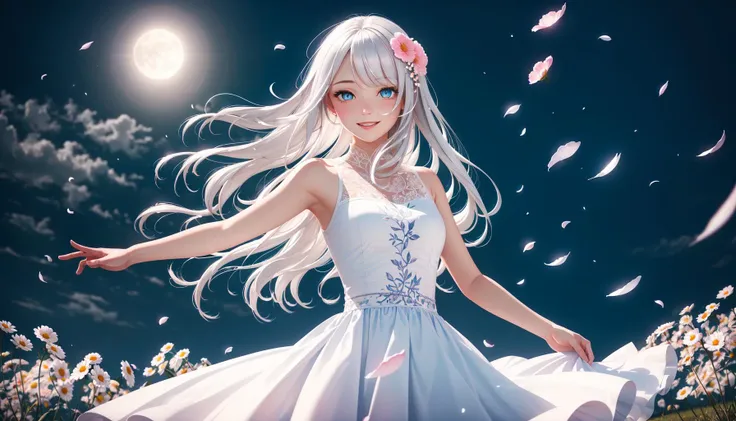 masterpiece, best quality, 1girl, (colorful),(finely detailed beautiful eyes and detailed face),cinematic lighting,bust shot,extremely detailed CG unity 8k wallpaper,white hair,solo,smile,intricate skirt,((flying petal)),(Flowery meadow) sky, cloudy_sky, building, moonlight, moon, night, (dark theme:1.3), light, fantasy,