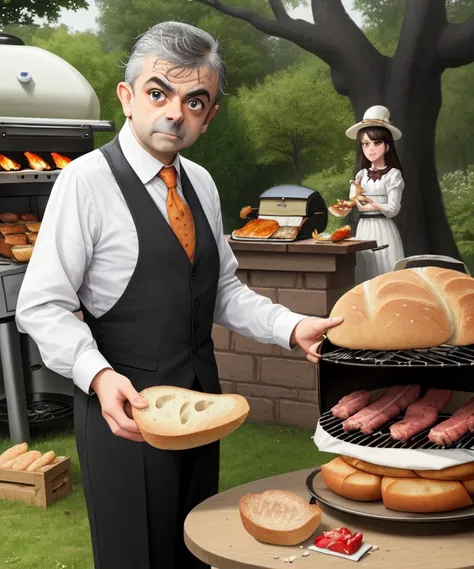 (masterpiece), best quality, (((old man in blue business suit stands beside nude naked teen girl who holds a tray of drinks))), girl has medium breast and nipple and vagina and short chignon hair and earring and bowtie and white gloves and black stockings and bowtie and white gloves and black stockings, restaurant setting, people in background ,