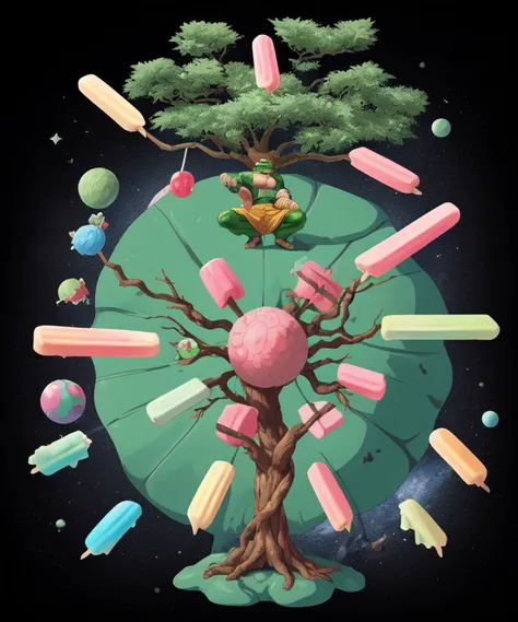 And Michaelangelo \(ninja turtle\) sat on the space and spread upon it the churned milk of the (popsicle tree)