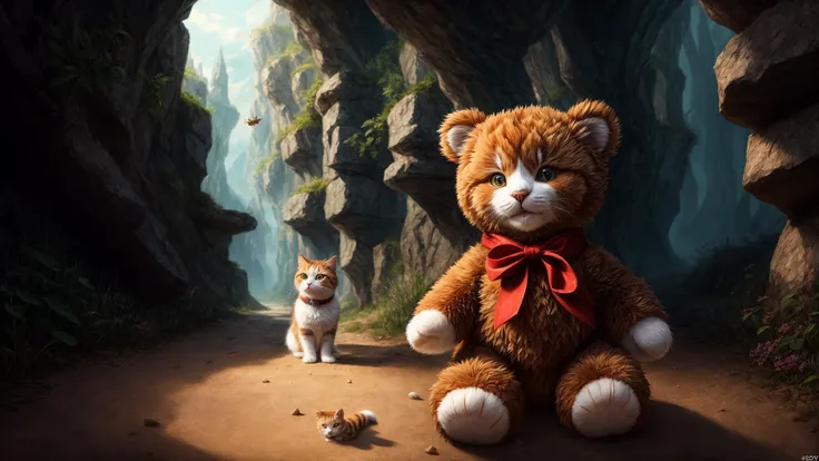 masterpiece of a cat Teddy bear on an adventure, Joy, A game, Paints, Fantasy, Cute, Childhood, Entertainment, Adventure, Smile, symmetrical, highly detailed, digital painting, artstation, concept art, smooth, sharp focus, illustration, volumetric lighting, epic Composition, 8k, oil painting, cgsociety