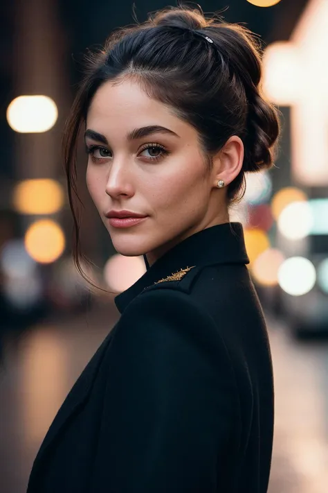 perfect cinematic shoot of a beautiful woman (EPN0r4rid4:.99), a woman, closeup portrait, perfect hair Playful space buns , posing, (vintage photo, overcoat), (polaroid frame), 24mm, (tintype), (analog, film, film grain:1.3), ((on a Munich street, night, gritty)), ((detailed eyes)), (seductive pose), (epicPhoto), festival event,  ("Dreams into reality with SDKoh!":1.1)