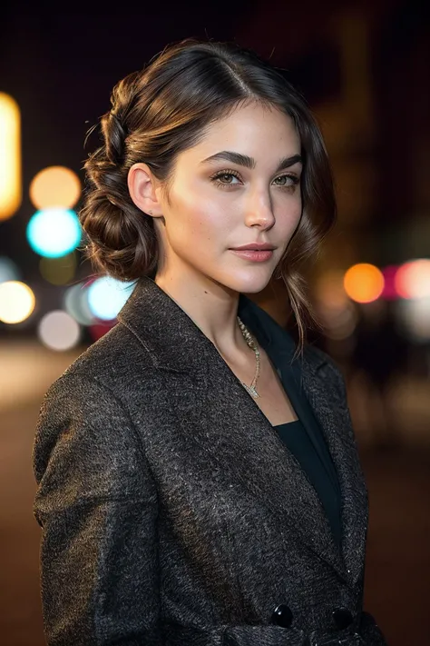 perfect cinematic shoot of a beautiful woman (EPN0r4rid4:.99), a woman, closeup portrait, perfect hair Crown twist updo , posing, (vintage photo, overcoat), (polaroid frame), 24mm, (tintype), (analog, film, film grain:1.3), ((on a Utrecht street, night, gritty)), ((detailed eyes)), (seductive pose), (epicPhoto), festival event, ("Dreams into reality with SDKoh!":1.1)
