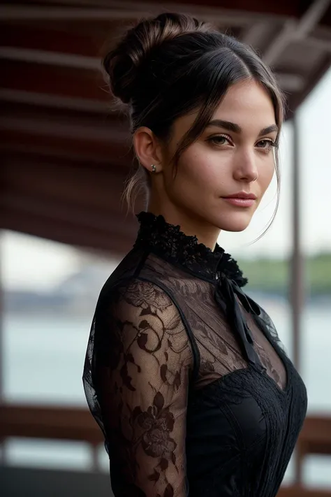 perfect cinematic shoot of a beautiful woman (EPN0r4rid4:.99), a woman standing next to a (modest ship), perfect top knot updo, wearing sexy (Chocolate Brown  dress :1.2), (people in background:1.1), (detailed background:1.1), (face focus), modelshoot style, (extremely detailed CG unity 8k wallpaper), professional majestic (photography by Darin Back:1.1), 24mm, exposure blend, hdr, extremely intricate, High (Detail:1.1), dramatic, soft cinematic light, (looking at viewer), (detailed atmosphere), 8k, highly detailed, rich environment, 4k textures, soft cinematic light, elegant, ((((cinematic look)))), soothing tones, insane details, hyperdetailed,  ("Dreams into reality with SDKoh!":1.1), (epiCPhoto)