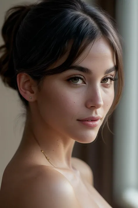 Glamorous half-length portrait, Nikon D850, F1.6 lenses, 200 mm, DSLR, 22 megapixels, ((A modern and bright house, with large windows that let in natural sunlight. In the center of the room there is a large minimalist desk., where the young woman is working on a laptop)), Photo of a stunning 20 year old Portuguese girl, with concentrated look and serious expression. Her radiant skin and brown hair tied in a high bun highlight her natural beauty.. Complete the look with a white silk blouse with a fluid cut and V-neckline., that gives it a touch of elegance and sophistication.  (((big natural breasts))), (((brown tied hair))), (Little girl), symmetrical face, eyes the color of honey, photorealistic, Photography, (bright natural lighting), gorgeous, (Masterpiece), Best Quality, high resolution, extremely detailed, cinematic lighting, (((very narrow waist))), rich colors, Hyper realistic, realistic texture, Minimalist earrings, nice pulse, (earrings), Fuji Superia 200, 8k
