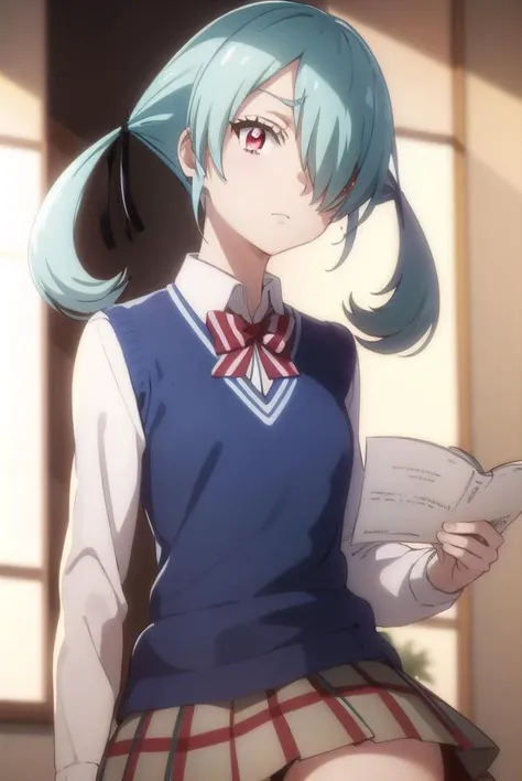 noatakigawa, <lora:noa takigawa s1-lora-nochekaiser:1>,
noa takigawa, (red eyes:1.3), twintails, blue hair, (hair over one eye:1.5),
BREAK shirt, thighhighs, bow, school uniform, pleated skirt, bowtie, zettai ryouiki, plaid, plaid skirt, sweater vest,
BREAK indoors, classroom,
BREAK looking at viewer,
BREAK <lyco:GoodHands-beta2:1>, (masterpiece:1.2), best quality, high resolution, unity 8k wallpaper, (illustration:0.8), (beautiful detailed eyes:1.6), extremely detailed face, perfect lighting, extremely detailed CG, (perfect hands, perfect anatomy),