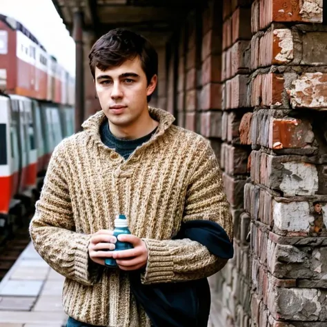 professional photo of russian guy, standing, brick wall, outdoors, medium shot, day, sweater, holding bottle, trains <lora:bss:0.7>