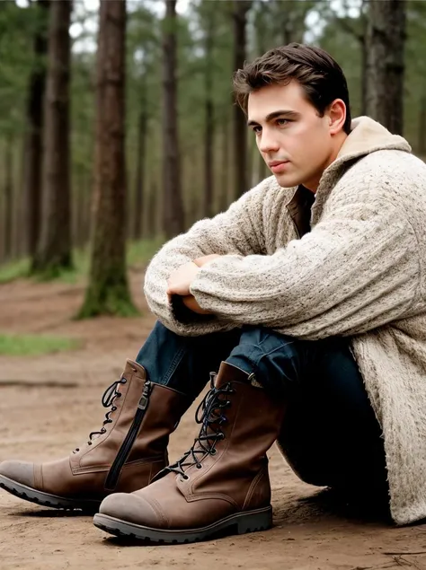 a man sitting on the ground wearing boots, detailed face, misty wood on background, eye contact, soft light, (close-up:1.1), natural skin, hyperrealism, sharp <lora:Bodrov:0.7>