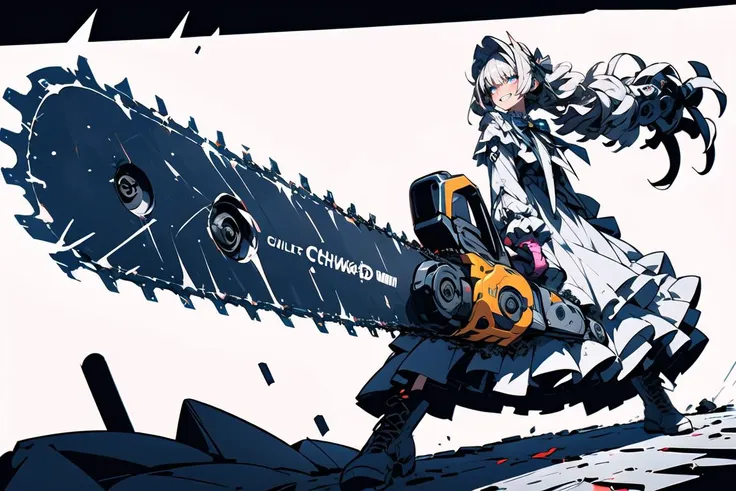 (best quality, ultra detailed), 1girl, solo, grin, drill_hair, cyb dress, frilled dress, layered dress, frills, bow, ribbon, long sleeves, combat boots, <lora:lo_dress_vol3_style1_v1:0.5>, sunrise stance, (mechanical chainsaw, holding weapon:1.3), <lora:SunriseStance:0.8>, <lora:sawweapon_v01:0.7>, (brutality, shock wave:1.1), wind, neon colors dots background, vector art, <lora:add_detail:0.5>,