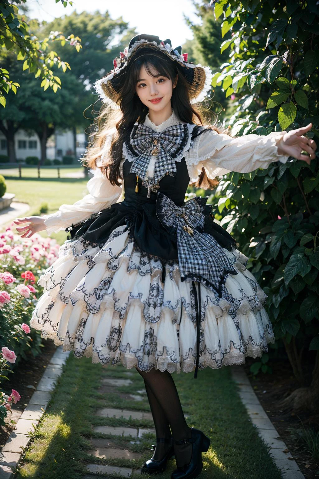 best quality, masterpiece, realistic, photorealistic, 1girl, solo, long hair, black hair, looking at viewer, smile, standing, reaching out, full body, cyb dress, long sleeves, hat, headwear, frilled dress, layered dress, frills, bow, plaid bow, black pantyhose, high heels, garden, flower, tree, water, <lora:lo_dress_vol3_style2_v1:0.7>