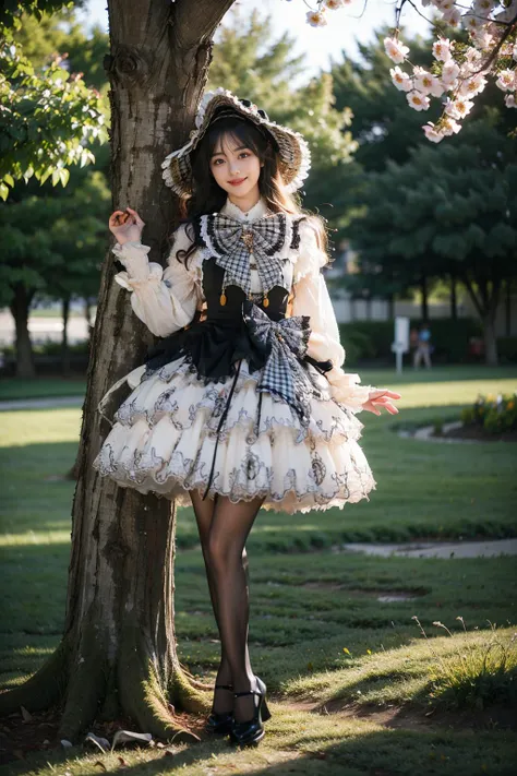 best quality, masterpiece, realistic, photorealistic, 1girl, solo, long hair, black hair, looking at viewer, smile, standing, arms at side, full body, cyb dress, long sleeves, hat, headwear, frilled dress, layered dress, frills, bow, plaid bow, black pantyhose, high heels, garden, flower, tree, water, <lora:lo_dress_vol3_style2_v1:0.7>