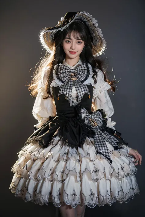 best quality, masterpiece, realistic, photorealistic, 1girl, solo, long hair, black hair, looking at viewer, smile, standing, arms at side, cowboy shot, cyb dress, long sleeves, hat, headwear, frilled dress, layered dress, frills, bow, plaid bow, simple background, grey background, <lora:lo_dress_vol3_style2_v1:0.7>