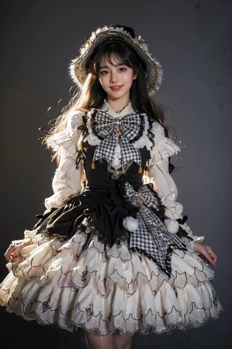 best quality, masterpiece, realistic, photorealistic, 1girl, solo, long hair, black hair, looking at viewer, smile, standing, arms at side, cowboy shot, cyb dress, long sleeves, hat, headwear, frilled dress, layered dress, frills, bow, plaid bow, simple background, grey background, <lora:lo_dress_vol3_style2_v1:0.7>