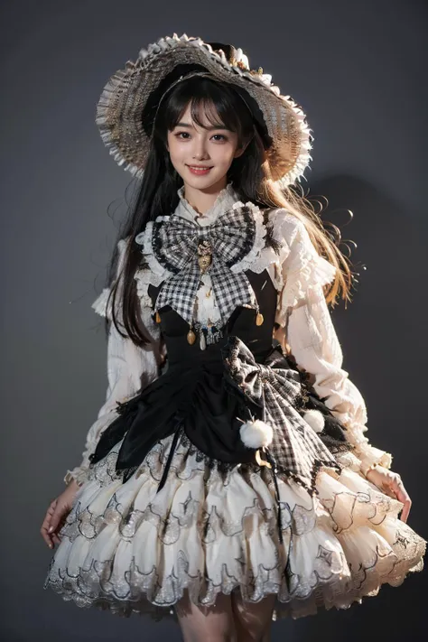 best quality, masterpiece, realistic, photorealistic, 1girl, solo, long hair, black hair, looking at viewer, smile, standing, arms at side, cowboy shot, cyb dress, long sleeves, hat, headwear, frilled dress, layered dress, frills, bow, plaid bow, simple background, grey background, <lora:lo_dress_vol3_style2_v1:0.7>