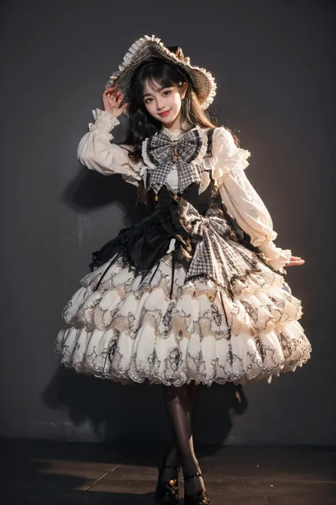 best quality, masterpiece, realistic, photorealistic, 1girl, solo, long hair, black hair, looking at viewer, smile, standing, arms at side, full body, cyb dress, long sleeves, hat, headwear, frilled dress, layered dress, frills, bow, plaid bow, black pantyhose, high heels, simple background, grey background, <lora:lo_dress_vol3_style2_v1:0.7>