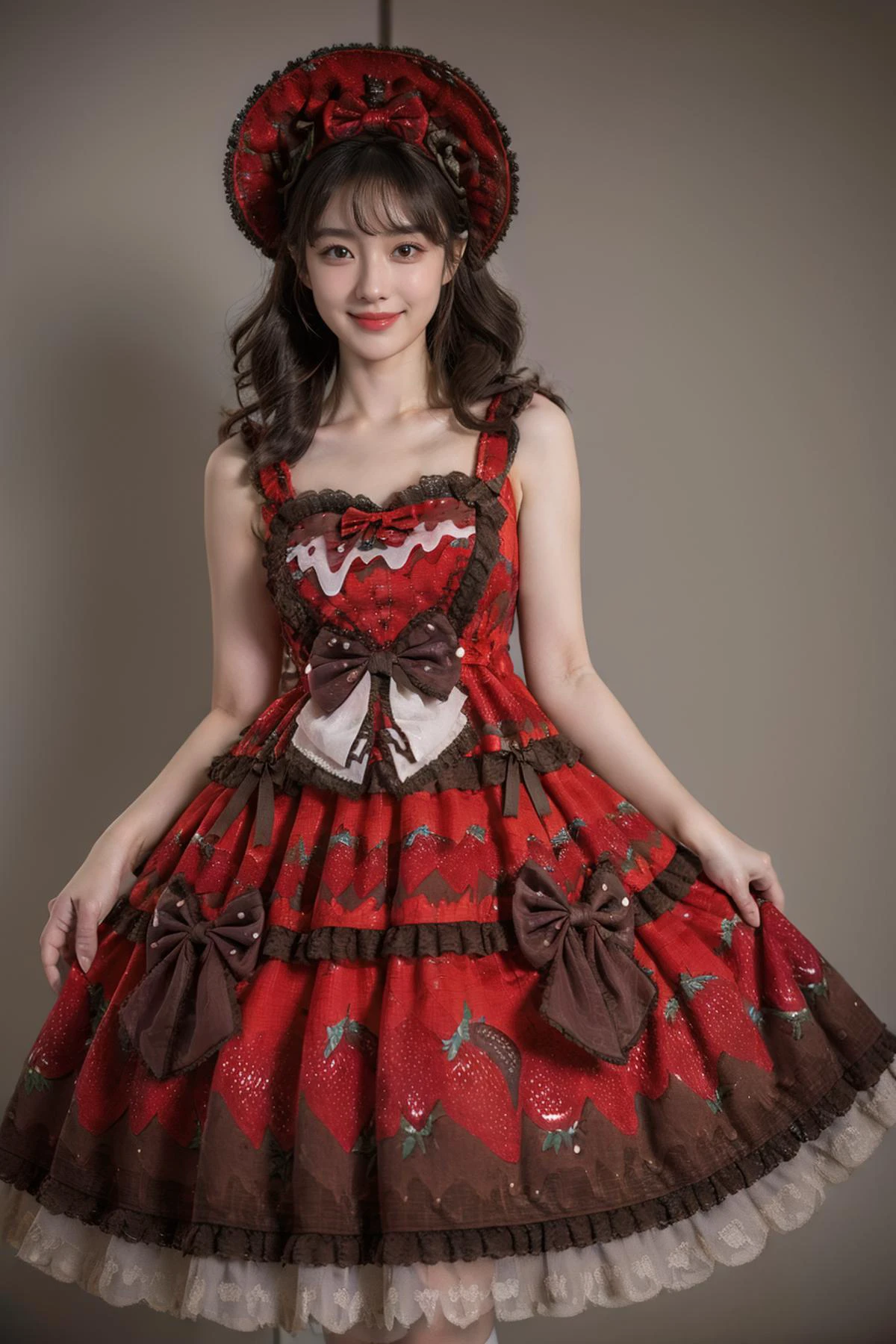 best quality, masterpiece, realistic, photorealistic, 1girl, solo, looking at viewer, smile, long hair, black hair, straight hair, standing, cowboy shot, cyb dress, layered dress, print dress, frilled dress, strawberry print, dress bow, bow, hair bow, hat, grey simple background, <lora:lo_dress_vol3_style3_v1:0.75>