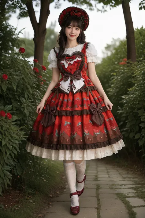 best quality, masterpiece, realistic, photorealistic, 1girl, solo, looking at viewer, smile, long hair, black hair, straight hair, standing, full body, cyb dress, layered dress, print dress, long dress, frilled dress, strawberry print, dress bow, bow, white shirt, short sleeves, kneehighs, red high heels, hair bow, hat, garden, flower, tree, water, detailed background, <lora:lo_dress_vol3_style3_v1:0.75>, <lora:Background_Detail_v3:1.5>