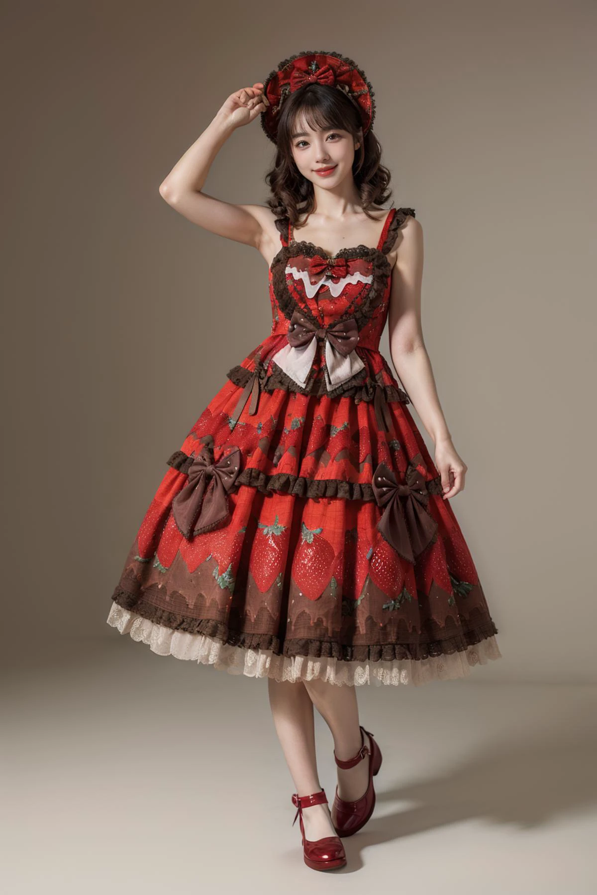 best quality,masterpiece,realistic,photorealistic,1girl,solo,looking at viewer,smile,standing,full body,arm up,cyb dress,layered dress,print dress,frilled dress,strawberry print,dress bow,bow,red shoes,grey simple background,<lora:lo_dress_vol3_style3_v1:0.6>,
