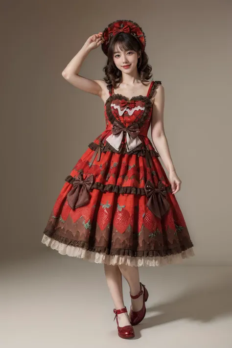 best quality,masterpiece,realistic,photorealistic,1girl,solo,looking at viewer,smile,standing,full body,arm up,cyb dress,layered dress,print dress,frilled dress,strawberry print,dress bow,bow,red shoes,grey simple background,<lora:lo_dress_vol3_style3_v1:0.6>,