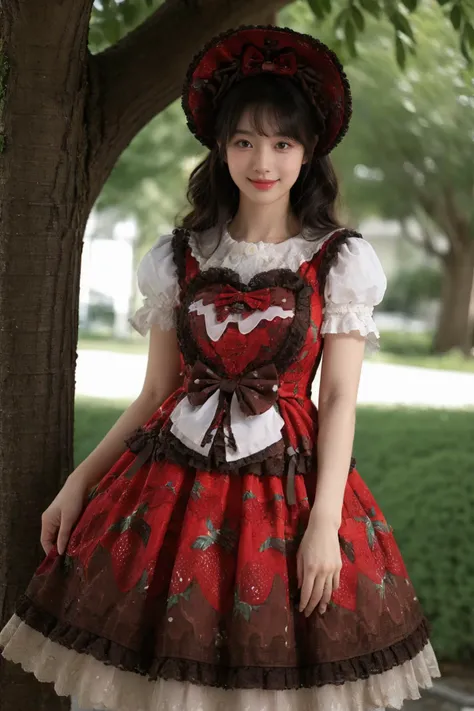 best quality,masterpiece,realistic,photorealistic,1girl,solo,looking at viewer,smile,long hair,black hair,straight hair,standing,cowboy shot,cyb dress,layered dress,print dress,frilled dress,strawberry print,dress bow,bow,white shirt,short sleeves,hair bow,hat,garden,flower,tree,water,detailed background,<lora:lo_dress_vol3_style3_v1:0.75>,<lora:Background_Detail_v3:1.5>,