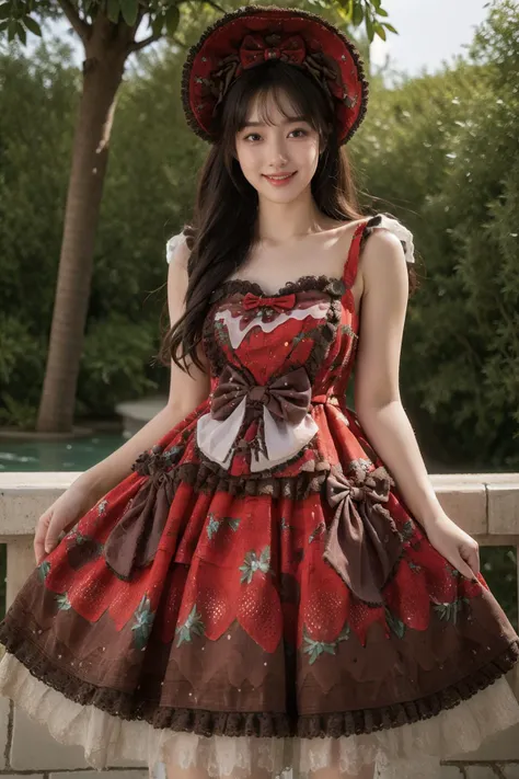 best quality,masterpiece,realistic,photorealistic,1girl,solo,looking at viewer,smile,long hair,black hair,straight hair,standing,cowboy shot,cyb dress,layered dress,print dress,frilled dress,strawberry print,dress bow,bow,hair bow,hat,garden,flower,tree,water,detailed background,<lora:lo_dress_vol3_style3_v1:0.75>,<lora:Background_Detail_v3:1.5>,