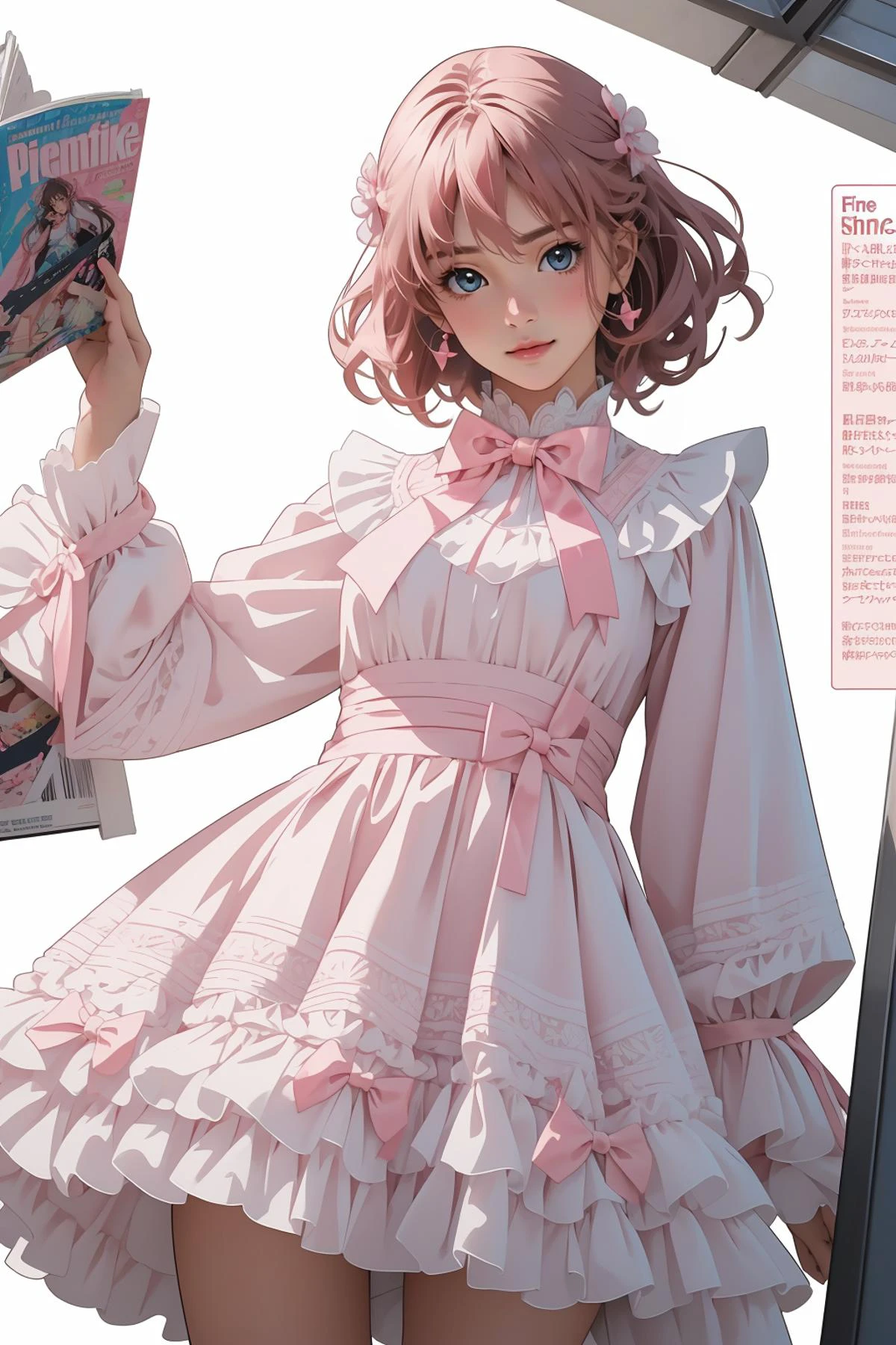 8k high quality detailed,highres,comic,anime,detailed image,
(an illustration of a age girl sexy posing,dramatic_scene, (an illustration of girl,teengirl)),(magazine_illustration),
(1girl,asian_female,hazel hair, very short hair, blue eyes,skinny|thin,curvy, medium breasts:0.8),(Encouraging Smile:0.7),detailed_face,realistic_skin_texture,
(standing with hand on her hip:0.8),
(, cyb dress,white|pink frilled dress,white|pink layered dress,pink frills,pink bow,pink ribbon,long sleeves),realistic clothing texture,<lora:lo_dress_vol3_style1_v1:0.5>