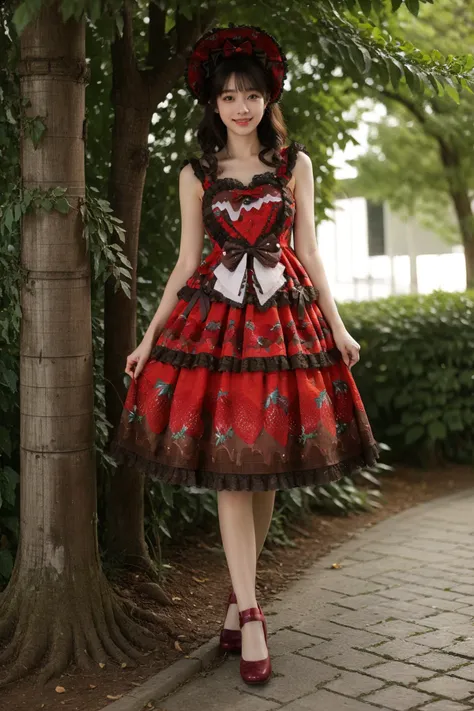 best quality, masterpiece, realistic, photorealistic, 1girl, solo, looking at viewer, smile, long hair, black hair, straight hair, standing, full body, cyb dress, layered dress, print dress, frilled dress, strawberry print, dress bow, bow, red high heels, hair bow, hat, garden, flower, tree, water, detailed background, <lora:lo_dress_vol3_style3_v1:0.75>, <lora:Background_Detail_v3:1.5>