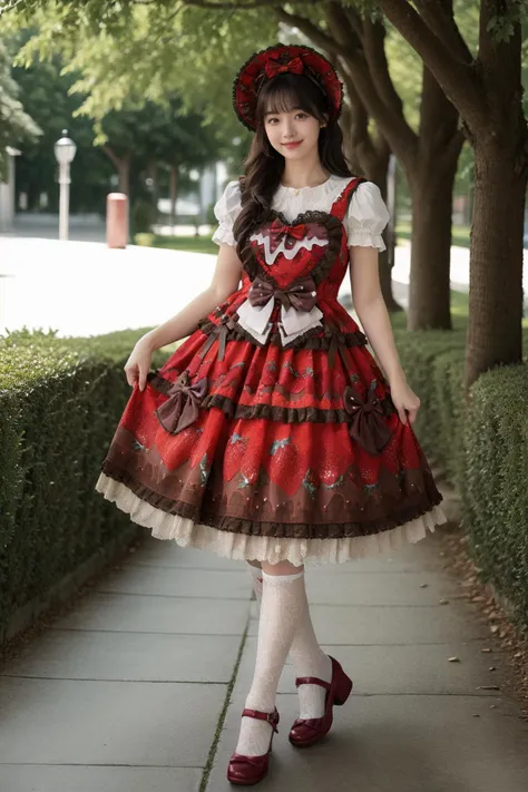 best quality,masterpiece,realistic,photorealistic,1girl,solo,looking at viewer,smile,long hair,black hair,straight hair,standing,full body,cyb dress,layered dress,print dress,frilled dress,strawberry print,dress bow,bow,white shirt,short sleeves,kneehighs,red high heels,hair bow,hat,garden,flower,tree,water,detailed background,<lora:lo_dress_vol3_style3_v1:0.75>,<lora:Background_Detail_v3:1.5>,