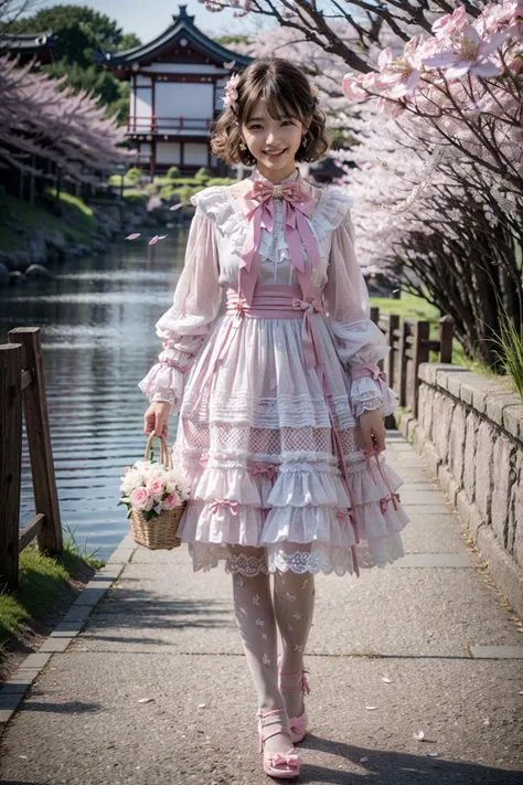 (realistic:1.3), finely detailed, quality, rembrandt lighting, (masterpiece:1.2), (photorealistic:1.2), (best quality), (detailed skin:1.3), (intricate details), dramatic, ray tracing, 1girl, japanese girl, 21 years old, detailed skin texture, (blush:0.5), (goosebumps:0.5), subsurface scattering, smiling, medium breasts, short hair curls, bangs, hair between eyes, pink dress, cyb dress, frilled dress, layered dress, frills, bow, ribbon, long sleeves, pantyhose, high heels, full body, strolling, (bright sunny day, kyoto, cherry blossom trees, foot path, river, sky), <lora:lo_dress_vol3_style1_v1:0.7>