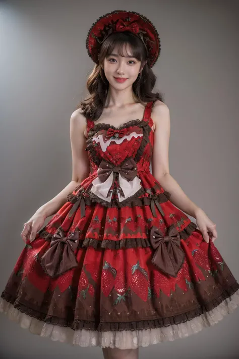best quality, masterpiece, realistic, photorealistic, 1girl, solo, looking at viewer, smile, long hair, black hair, straight hair, standing, cowboy shot, cyb dress, layered dress, print dress, frilled dress, strawberry print, dress bow, bow, hair bow, hat, grey simple background, <lora:lo_dress_vol3_style3_v1:0.75>