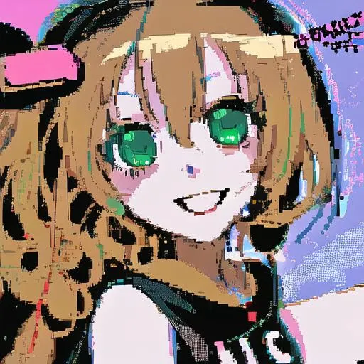 1girl, smile , curly blonde hair , (001glitch-core:1.1), jaggy lines, text, ANSI art, anime face, detailed eyes