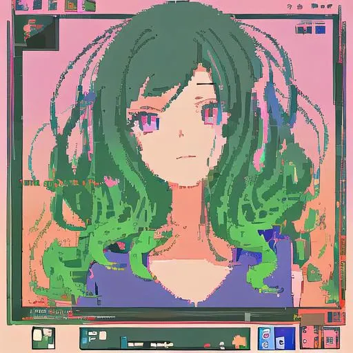 1girl, curly hair , (001glitch-core:1.0), rainbow colors , jaggy lines, text,