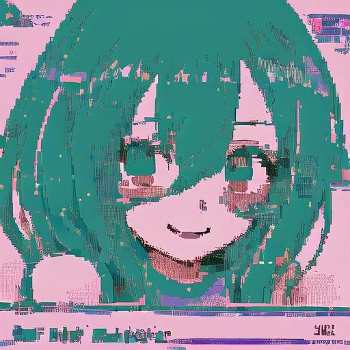 1girl, smile , (001glitch-core:1.1), rainbow colors , jaggy lines, text, ANSI art, anime face