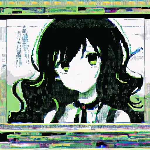 1girl, curly hair , (001glitch-core:1.0), rainbow colors , jaggy lines, text, monochrome