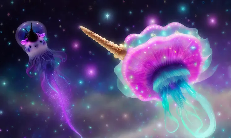 An otherworldly creature, resembling a mix between a unicorn and a jellyfish, gliding gracefully through a glittering sea of stars and galaxies.