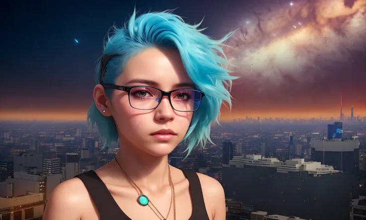 neo-(a photoreal- Keyshot- Cowboy-Beebop inspired anime illustration-ist's interpretation of)- A young girl with bright blue hair wearing glasses sits on a rooftop, gazing up at the starry sky above. She clutches a worn notebook in her lap, scribbling down her thoughts and dreams. A cool breeze blows through her hair, and the distant sounds of the city below provide a comforting background noise.