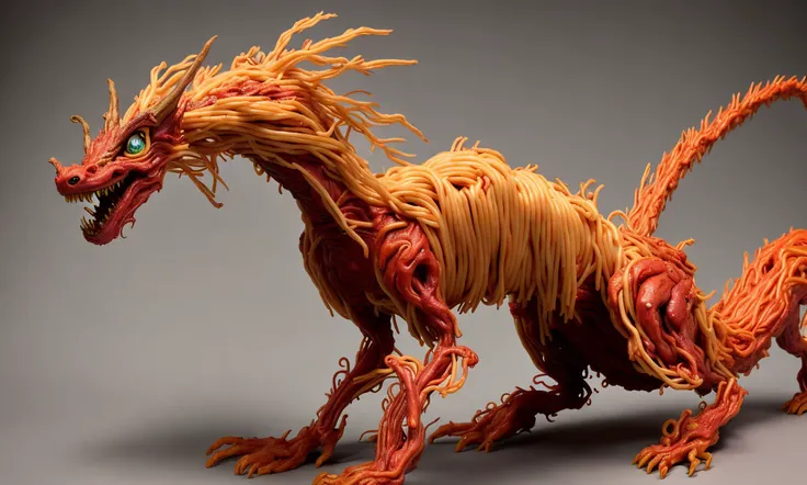 First, the prompt generator describes how he creates an imaginative sculpture of an adorable spaghetti-gogurt dragon with a surreal and somewhat grotesque- style in a fantasy scene in his mind. The sculpture is highly detailed with bright colors, and its skin has been removed to reveal its underlying anatomy. It is made of bubinga wood, and features a neo-interpretation of a lattice-Voronoi-ist's hand-finished style. The creature depicted is a cute fluffy cartoonish gogurt creature with its skeletal structure musculature and organs shown in a detailed and anatomically correct way. The prompt generator then corrects any errors they may have made.