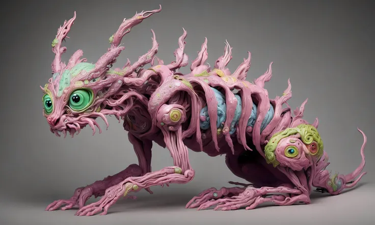 A sculpture of a cute creature containing finely detailed elements. Finely crafted vibrant surreal skin-removed-style anatomical sculpting. This suggests an image of a highly detailed sculpture with bright colors and a surreal somewhat grotesque style. It depicts a creature with its skin removed to reveal its underlying anatomy. Neo-interpretation of a lattice-Voronoi-ist's hand-finished bubinga wood sculpture. This implies that the sculpture is made of bubinga wood, a type of hardwood with a reddish-brown color. The sculpture is also described as having a neo-interpretation of a lattice-Voronoi-ist's hand-finished style, which may suggest an intricate lattice or fractal-like pattern. Ferret-core cute fluffy cartoon fox skeletal structure musculature organs. This describes the subject of the creature that is part ferret part fox. It suggests that the sculpture depicts the creature's skeletal structure musculature and organs in a detailed and anatomically correct way. Fairy garden museum exhibits. This phrase seems to be unrelated to the sculpture but it suggests a whimsical magical setting for the image.
