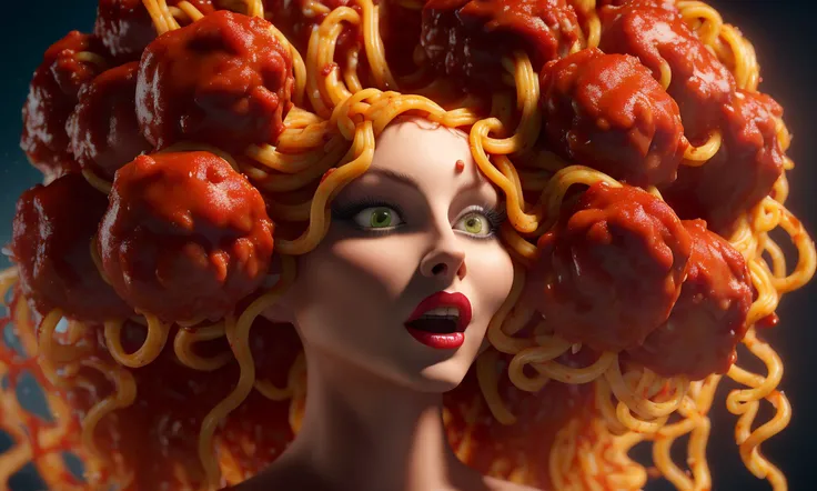 (A beautiful medusa-esque  with spaghetti thin long snakes- where her hair should be eating a bowl of spaghetti and meatballs, describe the hair as being made of marinated saucy spaghetti, She is eating a juicy meatball, food anatomy humor.)+ 
Unreal Engine, Octane Render, Redshift, Arnold, Keyshot, Blender Render, Cycles, Furry Ball, Clarisse, Maxwell Studio, V-Ray, Corona Renderer, LightWave 3D, Reality Server, Cinema 4D, Arnold GPU, MODO, Unreal Engine, Octane Render, 4K, 2K, Cinematic lighting, High dynamic range (HDR), Real-time rendering, Photorealistic rendering, Global illumination, Post-processing, Physically-based rendering (PBR), Motion blur, Depth of field, Bloom