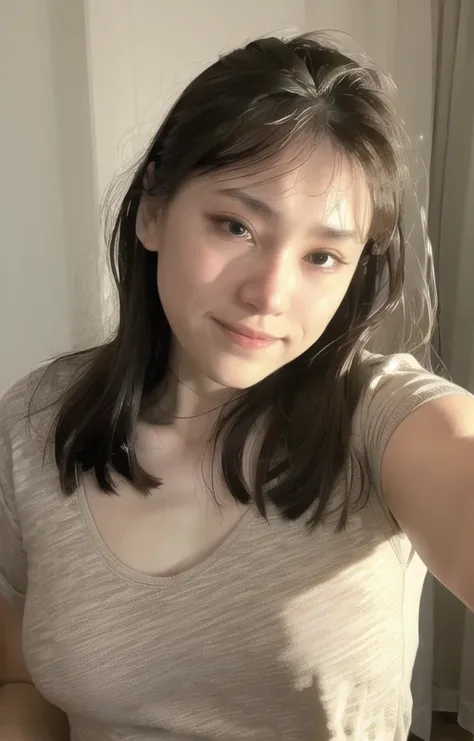 (8k, raw photo), film grain, ultra high res, ultra-detailed, (ultra skin details),incredibly absurdres, small breasts,braided hair, ((light brown hair)), (photorealistic:1.3),1girl, selfie, indoors, (((shirt))), ,(extremely detailed face),looking at viewer<lora:JuneLiu_v1:1>,cloth on,focus on face