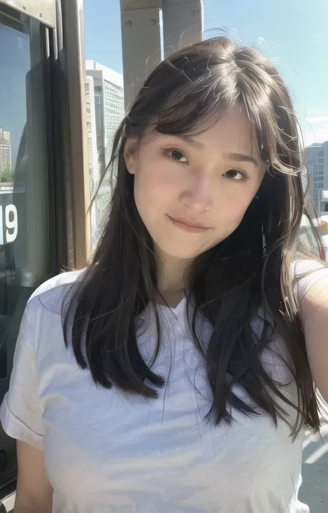 (8k, raw photo), film grain, ultra high res, ultra-detailed, (ultra skin details),incredibly absurdres, strong rim light, small breasts,braided hair, ((light brown hair)), (photorealistic:1.3), sunlight,1girl, instagram, outdoors, (black shirt), (((city))),(extremely detailed face),looking at viewer<lora:JuneLiu_v1:1>,cloth on