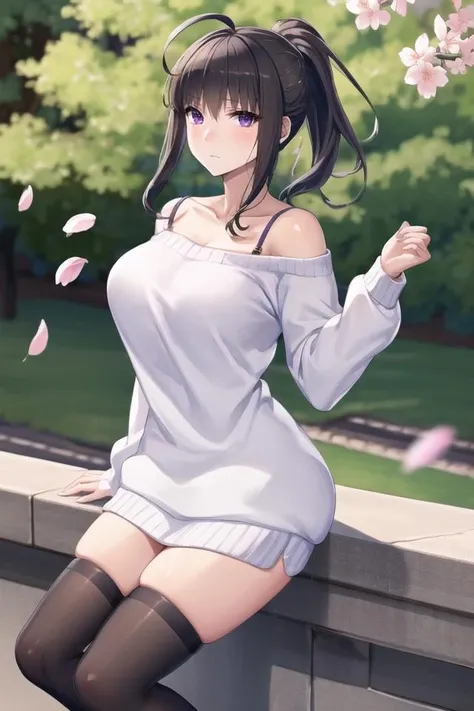 (masterpiece, best quality:1.2), sharp focus,
shiny skin,
<lora:SexlessMako:0.8>, mako, purple eyes, ahoge, ponytail,
sweater dress, white sweater, off-shoulder sweater, bra strap, black thighhighs,
looking at viewer, expressionless,
large breasts,
Delicate cherry blossom petals floating in the air,
<lora:Mild detail adjusterV10:0.5>