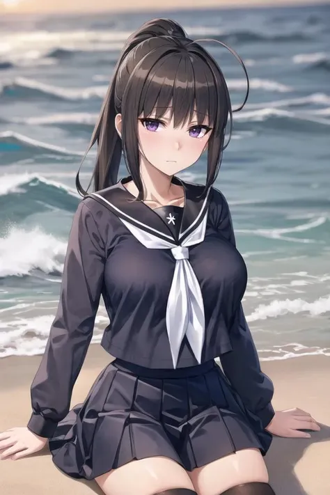 (masterpiece, best quality:1.2), sharp focus,
shiny skin,
<lora:SexlessMako:0.8>, mako, purple eyes, ahoge, ponytail,
white school uniform, blue neckerchief, black thighhighs, collarbone, long sleeves, sailor collar, serafuku, pleated skirt, white shirt, half-closed eyes,
looking at viewer, expressionless,
large breasts,
Moonlit Beach with Glistening Waves,
<lora:Mild detail adjusterV10:0.5>