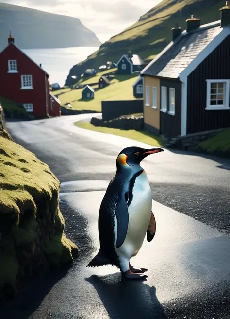 a (penguin:1.3) visiting Lonely village in Faroe Islands, subsurface scattering, Photorealistic, Hyperrealistic, analog style, realistic, film photography, soft lighting, heavy shadow