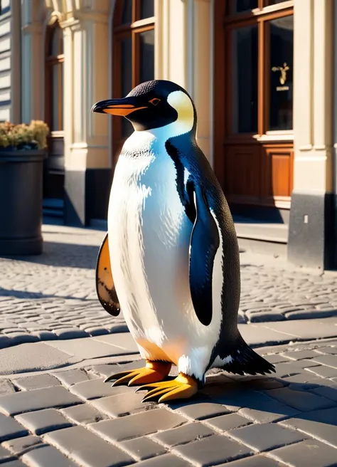 a (penguin:1.3) visiting Art Nouveau Albert Street in Riga, subsurface scattering, Photorealistic, Hyperrealistic, analog style, realistic, film photography, soft lighting, heavy shadow