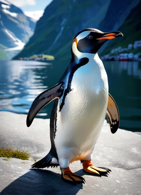 a (penguin:1.3) visiting Geirangerfjord, subsurface scattering, Photorealistic, Hyperrealistic, analog style, realistic, film photography, soft lighting, heavy shadow