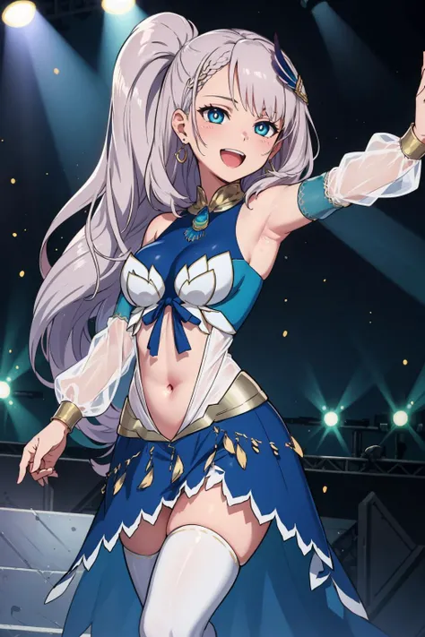 masterpiece, best quality,  <lora:CHAR-PavoliaReineV2:1> PavoliaReine, ReineBase, bright pupils, long hair, side ponytail, feather hair ornament, blue dress, navel cutout, detached sleeves, earrings, white thighhighs, :D, stage, spotlight, dynamic pose, winking
