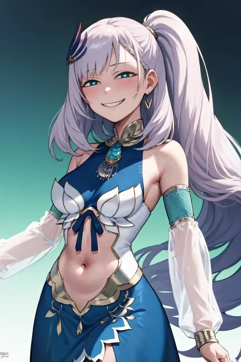 masterpiece, best quality, absurdres, perfect anatomy, ReineBase, bright pupils, long hair, side ponytail, feather hair ornament, blue dress, navel cutout, detached sleeves, earrings, IncrsAnyasHehFaceMeme, grin, smug, <lora:CHAR-PavoliaReineV2:1>, <lora:AnyasHehFaceMeme:1>