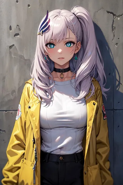 masterpiece, best quality, absurdres, perfect anatomy, PavoliaReine, bright pupils, long hair, side ponytail, feather hair ornament, earrings, sharp eyes, choker, neon shirt, open jacket, turtleneck sweater, night, against wall, brick wall, graffiti, dim lighting, alley, looking at viewer, <lora:CHAR-PavoliaReineV2:0.8>